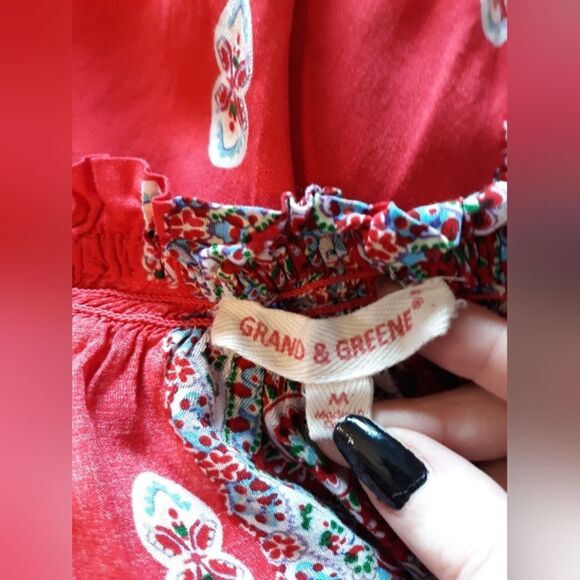 Grand and Greene red off shoulder pom pom bell sleeve blouse - Picture 2 of 5